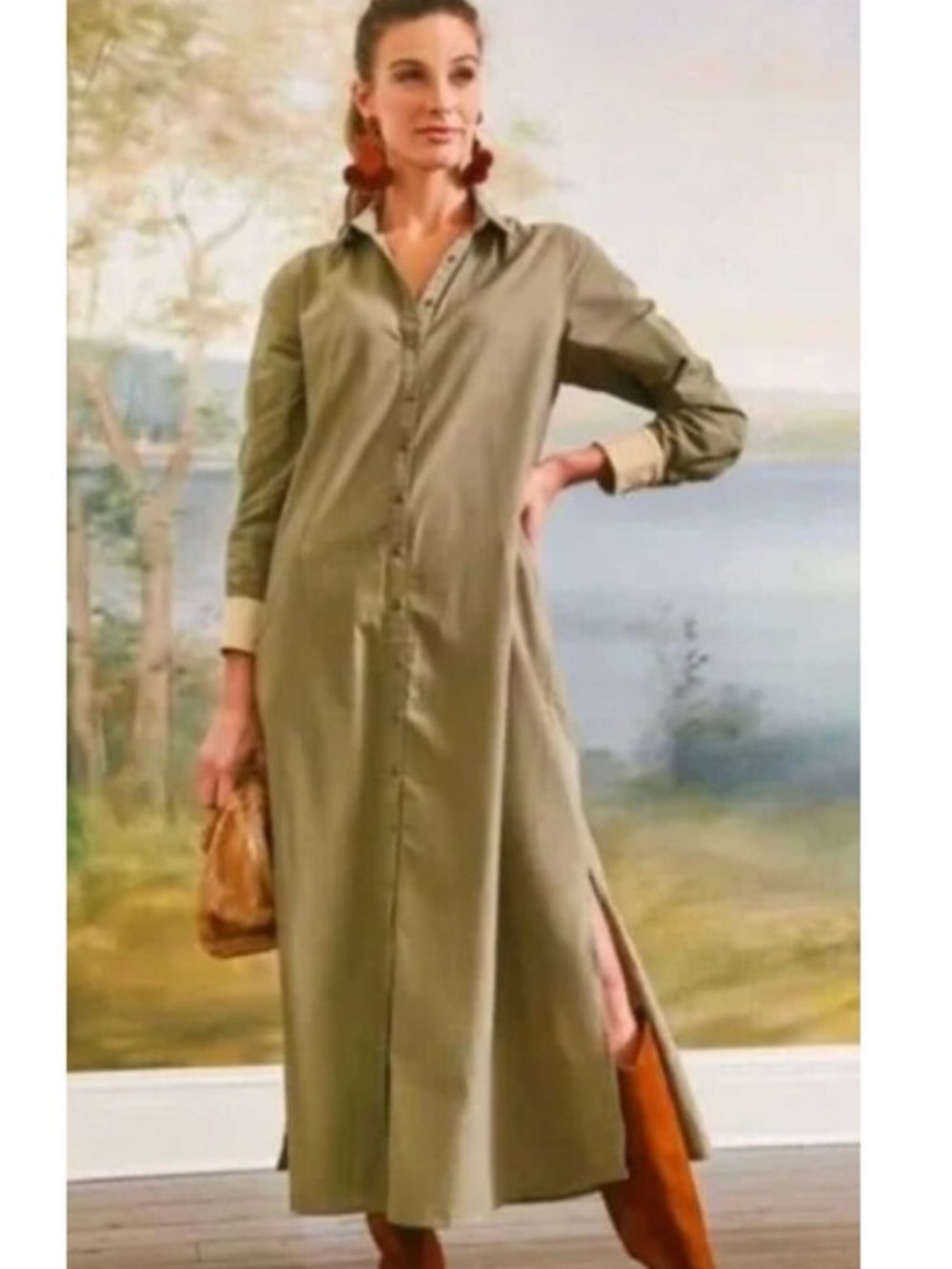 Tuckernuck Shiver Dress Womens Large Olive Green Shirt Button down Collar Cotton